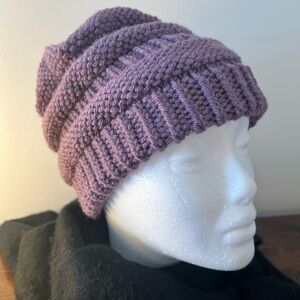 Hand-Knit Mauve Ribbed Winter Beanie - Women Accessories